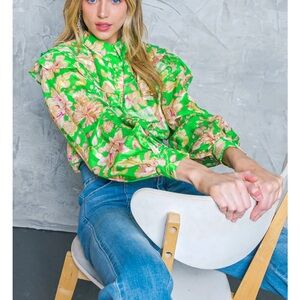 Vibrant Green Floral Puff-Sleeve Blouse